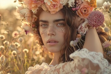 Wall Mural - young woman with flower wreath on her head in a clearing Generative AI