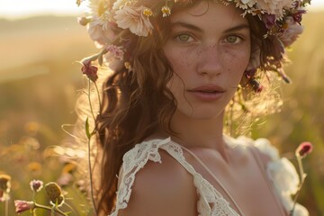 Wall Mural - young woman with flower wreath on her head in a clearing Generative AI