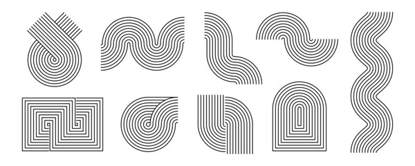 Poster - Black linear boho style waves and shapes set. Mid century curves and arches collection. Decorative line arc elements for graphic design template, poster, banner, cover. Vector wavy zigzag objects