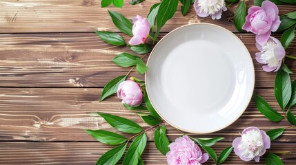 Canvas Print - Empty white plate on wooden table with peony leaves from top view