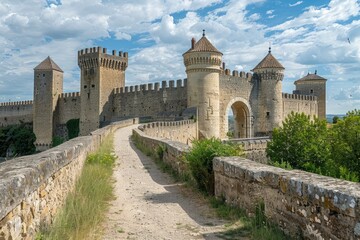 Poster - A medieval-style stone wall with a winding path leading to a majestic castle