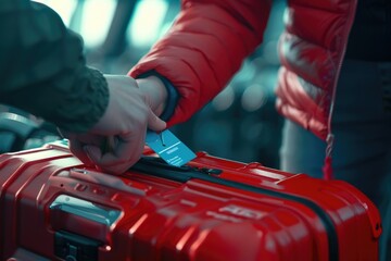 Wall Mural - A person putting a card into a red suitcase, preparing for travel