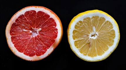 Canvas Print - Top view of halved red grapefruit and yellow lemon on black background