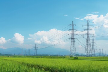 Poster - A serene landscape of a field of green grass with power lines in the background