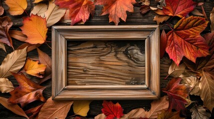 Poster - Fall foliage and picture frame on wood backdrop