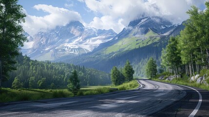 Poster - A winding road through a valley with a majestic mountain in the distance, ideal for outdoor adventure and travel stock photos
