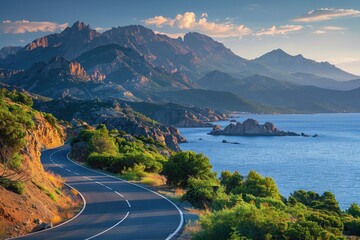 Aufkleber - A winding road along a mountain's edge with a body of water in the distance, perfect for travel or landscape photography