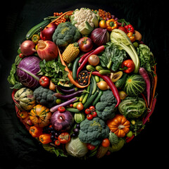 Canvas Print - Colorful variety of fresh vegetables arranged in a circular pattern against a black background. This image showcases diverse vegetables,