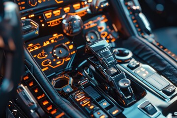 Poster - Close-up shot of a car's dashboard with various buttons and controls