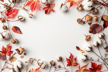 Poster - A decorative wreath made of cotton flowers and autumn leaves, perfect for seasonal or harvest-themed designs
