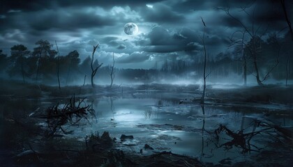 Sticker - A dark and eerie swamp under a full moon with mist and silhouetted trees.