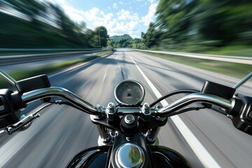 Wall Mural - A motorcycle drives along a highway flanked by trees