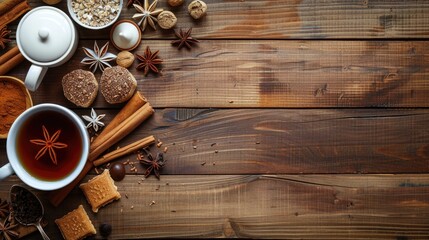 Wall Mural - Ingredients for homemade hot beverage on wooden surface with space for text