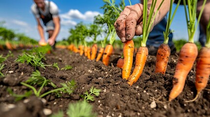 Elderly farmer's hands harvesting vibrant orange carrots from rich soil on a sunny day. Concept of agriculture, farming, organic vegetables, and rural lifestyle