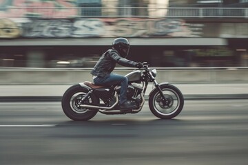Poster - A motorcyclist rides through the city on a busy street