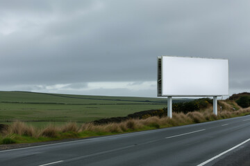 Blank white billboard mockup along a rural highway with green fields