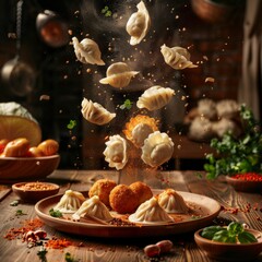 Poster - Flying dumplings in rustic kitchen setting. Creative food photography showing dumplings in mid-air. Culinary art with traditional dumplings and ingredients on wooden table. AI