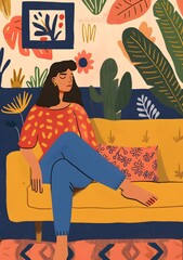 Wall Mural - Woman Sitting on a Couch in a Room With Plants