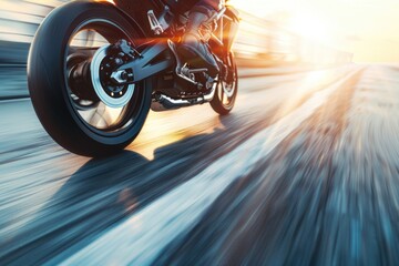 Aufkleber - A person rides a motorcycle down a city street