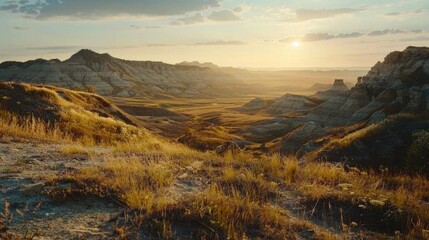 Poster - Sun setting over distant mountains, serene landscape