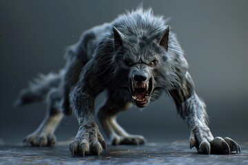 Canvas Print - A close-up shot of a gray wolf's face, its mouth open and teeth visible