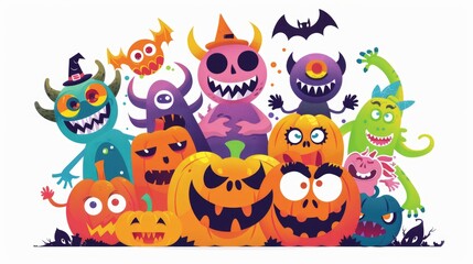 Wall Mural - A group of Halloween monsters posing with pumpkins