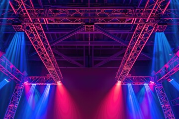 Poster - A stage lit up with blue and red lights, surrounded by red and blue curtains