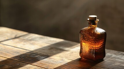 Poster - A single brown glass bottle sits atop a wooden table, providing a simple and rustic still life composition