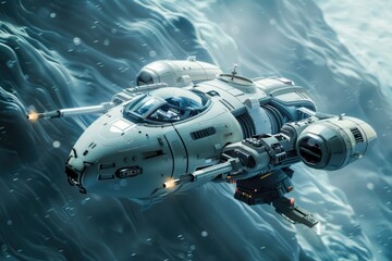 Poster - A futuristic space ship foundering in the middle of the ocean, with waves and foam surrounding it