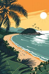 Wall Mural - Tropical Beach Sunset Illustration