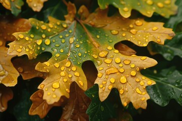 Poster - A close-up shot of a leaf with water droplets glistening on its surface