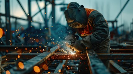 Poster - A person in a safety vest is welding metal