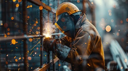 Poster - A person wearing a yellow helmet welds metal