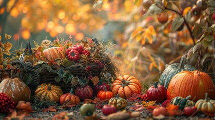 Poster - A variety of pumpkins arranged in a basket, great for autumn themes or harvest celebrations