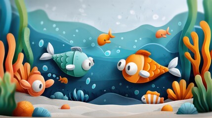 Two vividly colored fish interact amidst a lively marine habitat, surrounded by smaller fish and colorful corals, creating an engaging underwater scene.