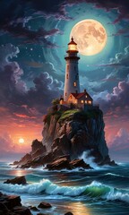 Wall Mural - Lighthouse on a Cliff with Full Moon and Stars. with copy space for text