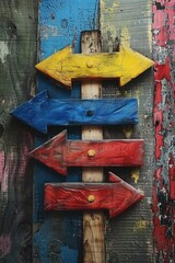 Aufkleber - A wooden sign featuring three arrows in different colors, ideal for use as a navigation or directional element in various settings