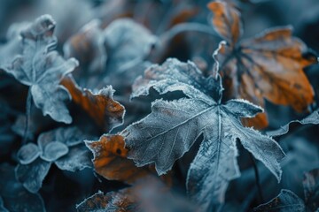 Poster - A detailed view of a frozen leaf, with frost covering its surface