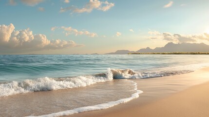 Serene Coastal Sunset: A breathtaking vista of a pristine beach at sunset, with gentle waves lapping at the shore and fluffy clouds painting the sky in hues of orange and pink.