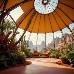 Canvas Print - Modern Dome Structure with Desert View and Lounge Chairs. with copy space for text