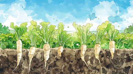 Watercolor illustration of parsnip plants in a field with green tops under a bright blue sky. Concept of agriculture, farming, root vegetables, botanical art