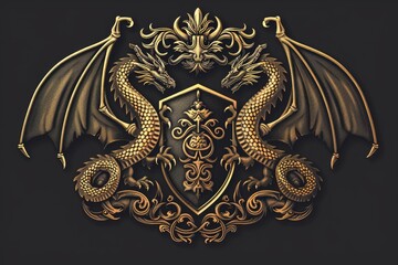 Poster - A golden dragon holds a shield on a dark background, ready for battle