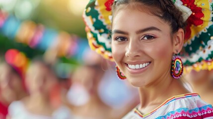 Wall Mural - A woman wearing a colorful hat and earrings is smiling, authentic national ethnic festival