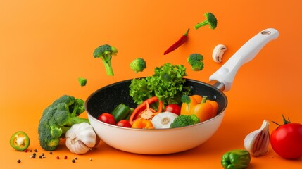 Wall Mural - A white pan with a variety of vegetables including broccoli, peppers