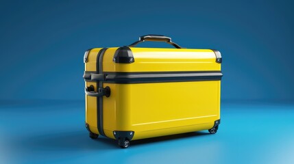 Wall Mural - A lone yellow suitcase sits on a smooth blue surface, perhaps waiting for its next adventure