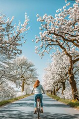 Wall Mural - A woman rides a bike along a scenic road lined with trees, suitable for travel or lifestyle photography