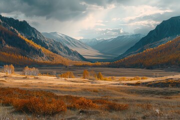 Canvas Print - A serene landscape featuring a valley with rolling hills and majestic mountains in the distance