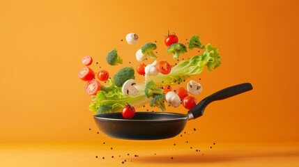 Wall Mural - A pan of vegetables is being tossed in the air