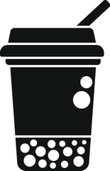 Poster - Black and white silhouette of a disposable plastic cup with straw full of bubble tea tapioca pearls