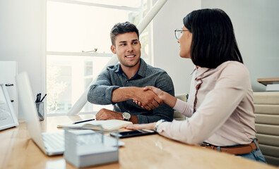 Aufkleber - Handshake, creative and employees with smile, laptop and happy for collaboration in office and web designer. Meeting, holding hands and partnership for project, man and woman with conversation